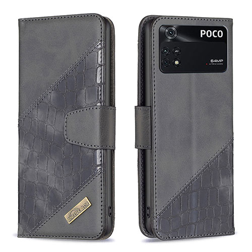 Leather Case Stands Flip Cover Holder B03F for Xiaomi Poco M4 Pro 4G Black