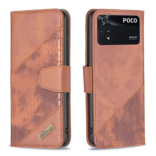 Leather Case Stands Flip Cover Holder B03F for Xiaomi Poco M4 Pro 4G Brown