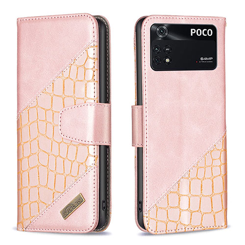 Leather Case Stands Flip Cover Holder B03F for Xiaomi Poco M4 Pro 4G Rose Gold