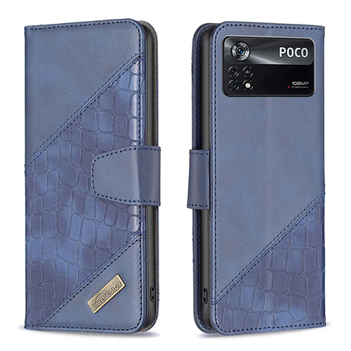 Leather Case Stands Flip Cover Holder B03F for Xiaomi Poco X4 Pro 5G Blue