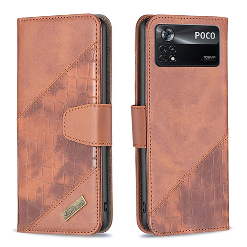 Leather Case Stands Flip Cover Holder B03F for Xiaomi Poco X4 Pro 5G Brown