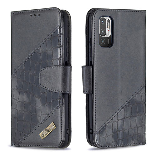 Leather Case Stands Flip Cover Holder B03F for Xiaomi Redmi Note 10 5G Black