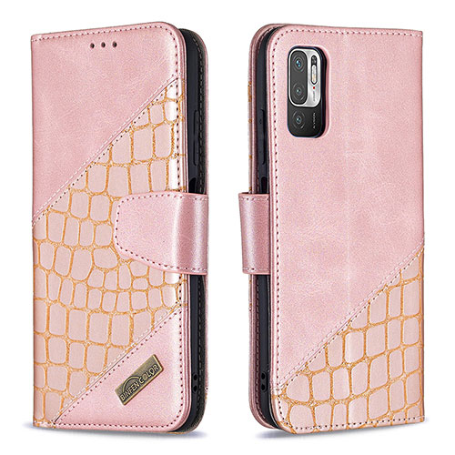 Leather Case Stands Flip Cover Holder B03F for Xiaomi Redmi Note 10 5G Rose Gold