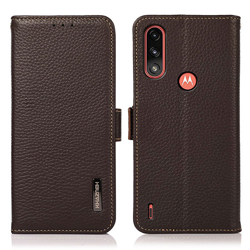 Leather Case Stands Flip Cover Holder B03H for Motorola Moto E7 Power Brown