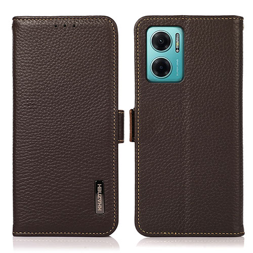 Leather Case Stands Flip Cover Holder B03H for Xiaomi Redmi 10 5G Brown