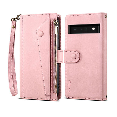 Leather Case Stands Flip Cover Holder B03S for Google Pixel 6a 5G Rose Gold