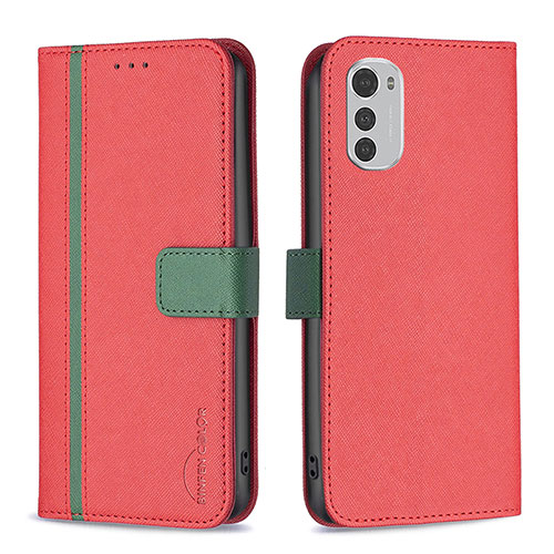 Leather Case Stands Flip Cover Holder B04F for Motorola Moto E32s Red