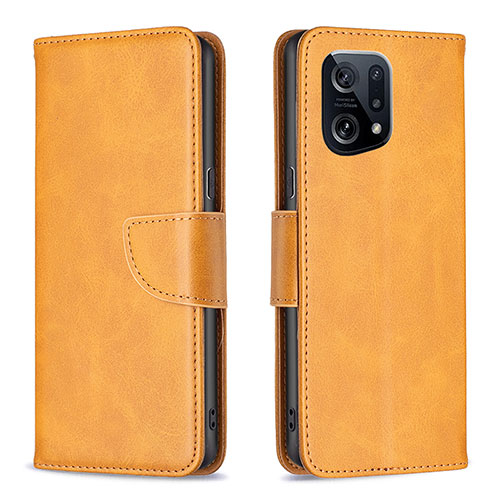 Leather Case Stands Flip Cover Holder B04F for Oppo Find X5 5G Light Brown