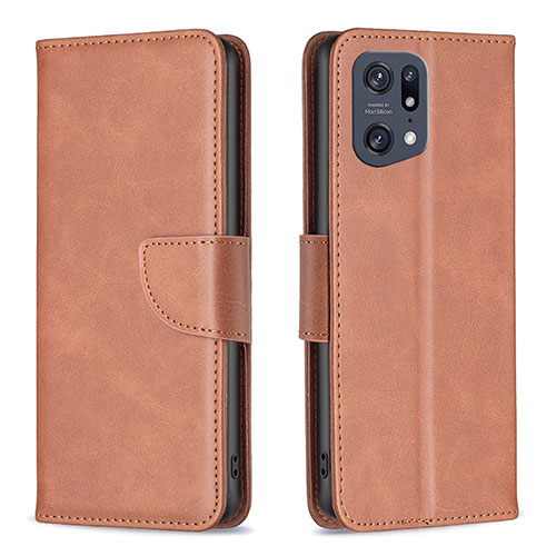Leather Case Stands Flip Cover Holder B04F for Oppo Find X5 Pro 5G Brown