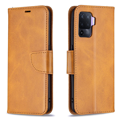 Leather Case Stands Flip Cover Holder B04F for Oppo Reno5 Lite Light Brown