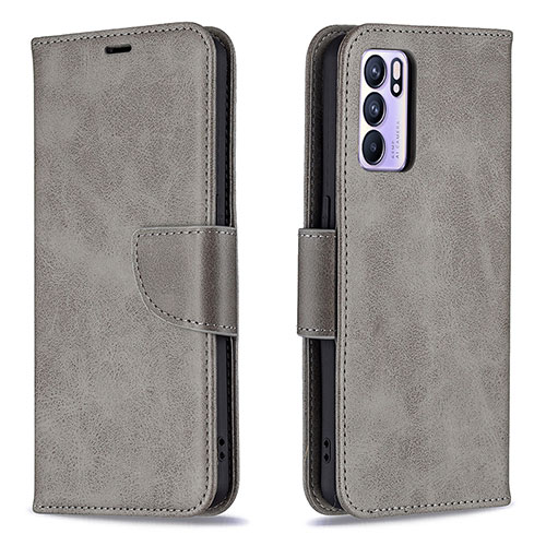 Leather Case Stands Flip Cover Holder B04F for Oppo Reno6 5G Gray