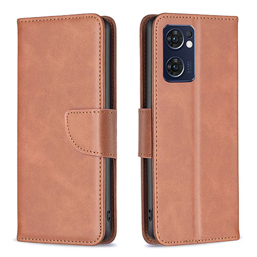 Leather Case Stands Flip Cover Holder B04F for Oppo Reno7 5G Brown