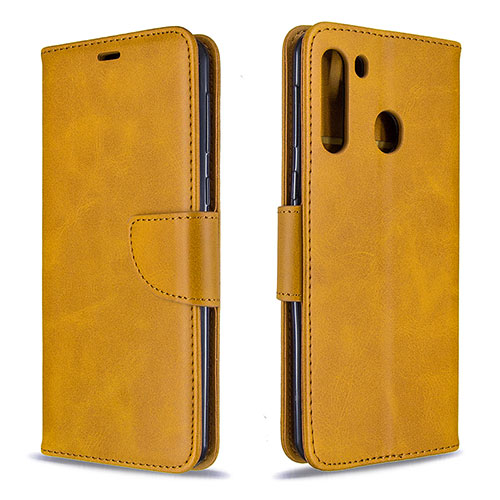 Leather Case Stands Flip Cover Holder B04F for Samsung Galaxy A21 Light Brown