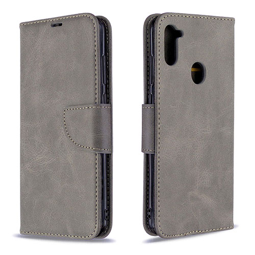 Leather Case Stands Flip Cover Holder B04F for Samsung Galaxy M11 Gray