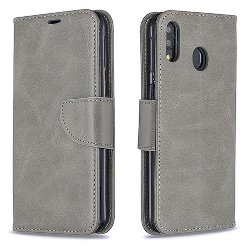 Leather Case Stands Flip Cover Holder B04F for Samsung Galaxy M20 Gray