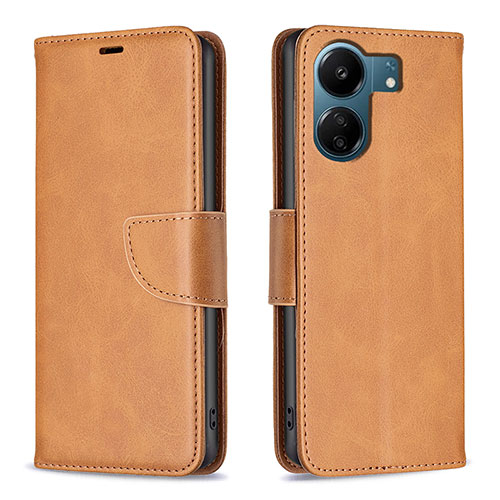 Leather Case Stands Flip Cover Holder B04F for Xiaomi Poco C65 Light Brown