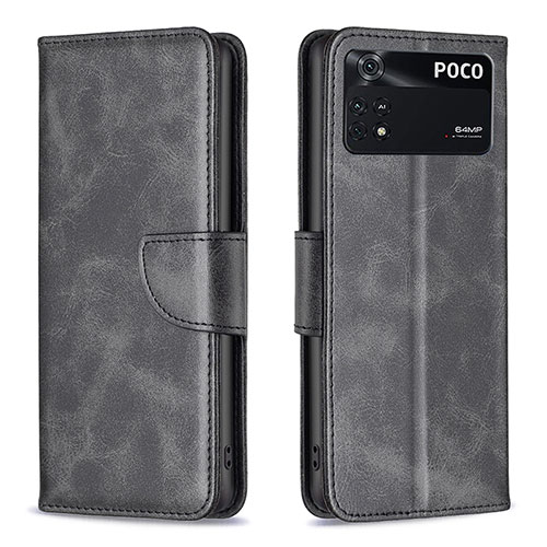 Leather Case Stands Flip Cover Holder B04F for Xiaomi Poco M4 Pro 4G Black