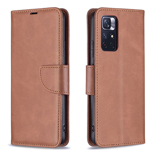 Leather Case Stands Flip Cover Holder B04F for Xiaomi Poco M4 Pro 5G Brown