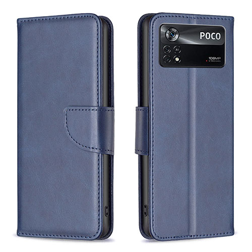 Leather Case Stands Flip Cover Holder B04F for Xiaomi Poco X4 Pro 5G Blue