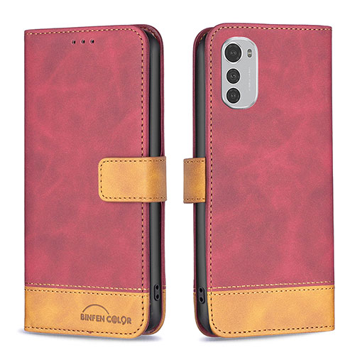 Leather Case Stands Flip Cover Holder B05F for Motorola Moto E32 Red