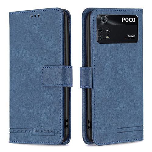 Leather Case Stands Flip Cover Holder B05F for Xiaomi Poco M4 Pro 4G Blue