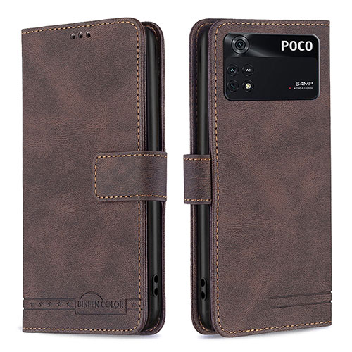 Leather Case Stands Flip Cover Holder B05F for Xiaomi Poco M4 Pro 4G Brown