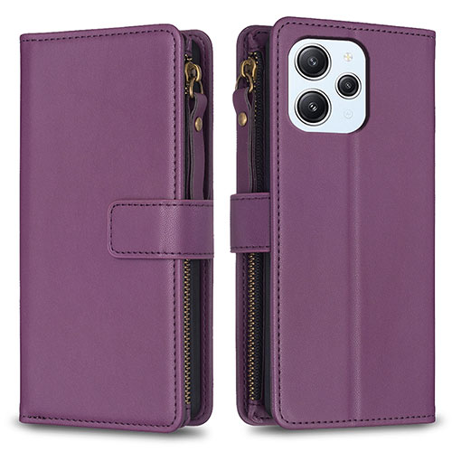 Leather Case Stands Flip Cover Holder B05F for Xiaomi Redmi 12 4G Purple