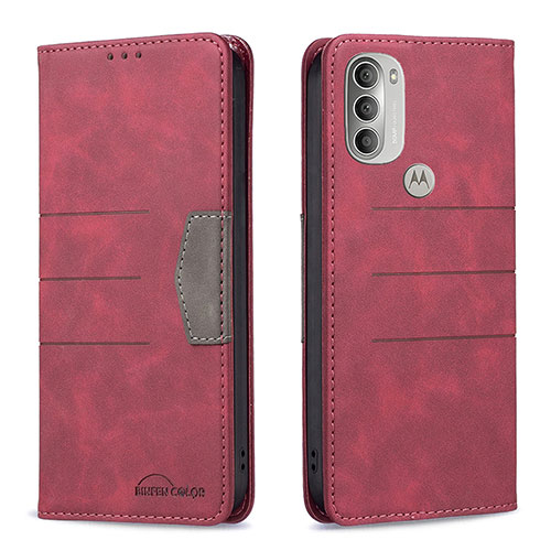 Leather Case Stands Flip Cover Holder B06F for Motorola Moto G51 5G Red