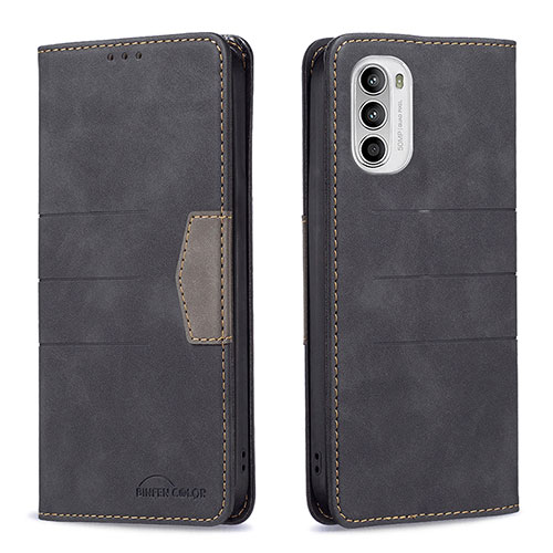 Leather Case Stands Flip Cover Holder B06F for Motorola MOTO G52 Black