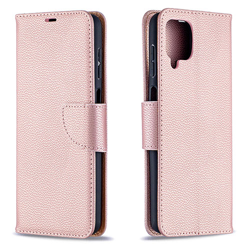 Leather Case Stands Flip Cover Holder B06F for Samsung Galaxy A12 Rose Gold