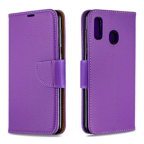 Leather Case Stands Flip Cover Holder B06F for Samsung Galaxy A20 Purple