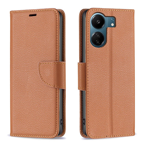 Leather Case Stands Flip Cover Holder B06F for Xiaomi Poco C65 Brown