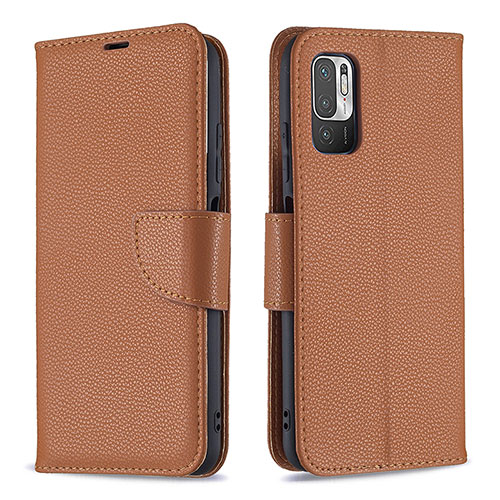 Leather Case Stands Flip Cover Holder B06F for Xiaomi POCO M3 Pro 5G Brown