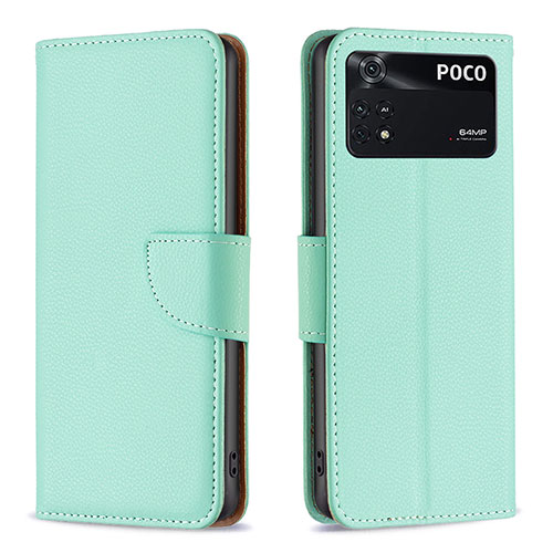 Leather Case Stands Flip Cover Holder B06F for Xiaomi Poco M4 Pro 4G Green