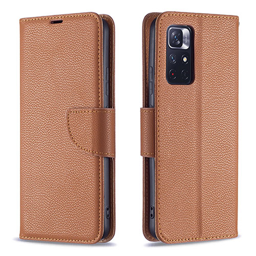 Leather Case Stands Flip Cover Holder B06F for Xiaomi Poco M4 Pro 5G Brown