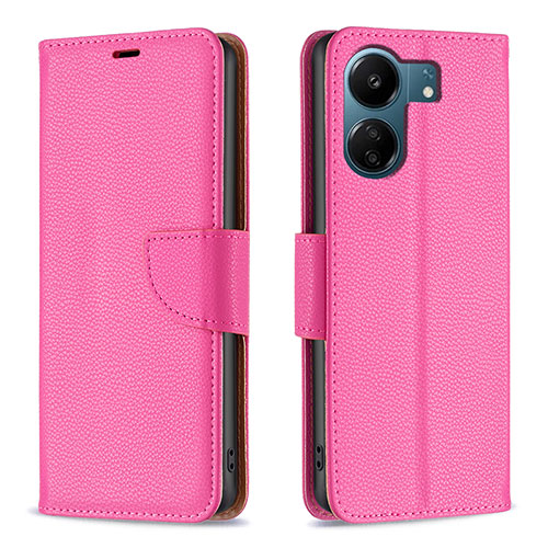 Leather Case Stands Flip Cover Holder B06F for Xiaomi Redmi 13C Hot Pink