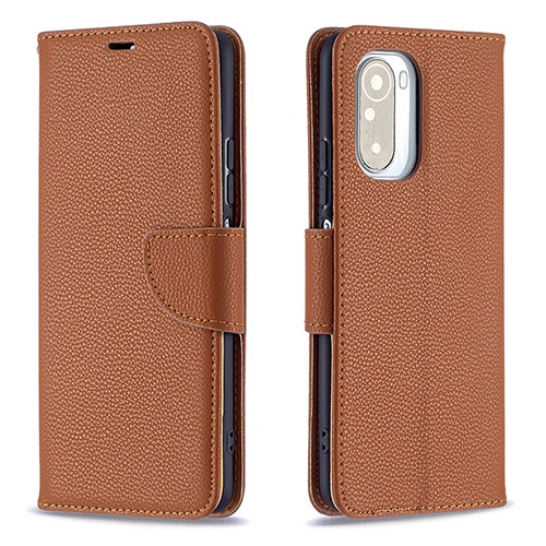 Leather Case Stands Flip Cover Holder B06F for Xiaomi Redmi K40 Pro+ Plus 5G Brown