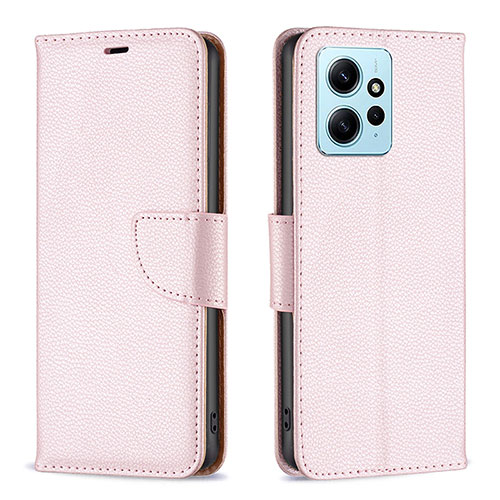 Leather Case Stands Flip Cover Holder B06F for Xiaomi Redmi Note 12 4G Rose Gold