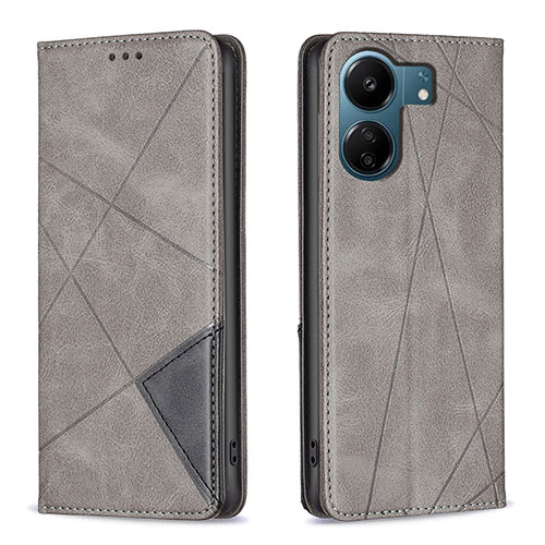 Leather Case Stands Flip Cover Holder B07F for Xiaomi Poco C65 Gray