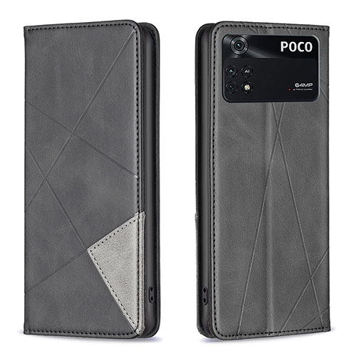 Leather Case Stands Flip Cover Holder B07F for Xiaomi Poco M4 Pro 4G Black