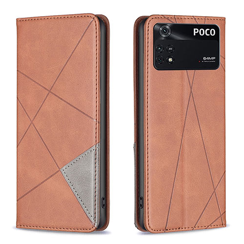 Leather Case Stands Flip Cover Holder B07F for Xiaomi Poco M4 Pro 4G Brown