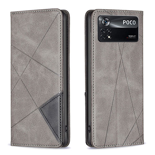 Leather Case Stands Flip Cover Holder B07F for Xiaomi Poco X4 Pro 5G Gray