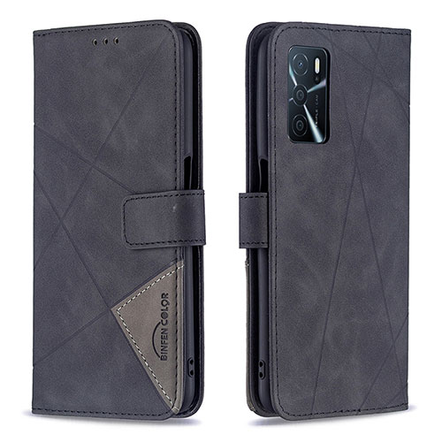 Leather Case Stands Flip Cover Holder B08F for Oppo A54s Black