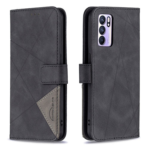 Leather Case Stands Flip Cover Holder B08F for Oppo Reno6 5G Black