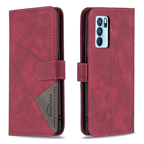 Leather Case Stands Flip Cover Holder B08F for Oppo Reno6 Pro 5G India Red