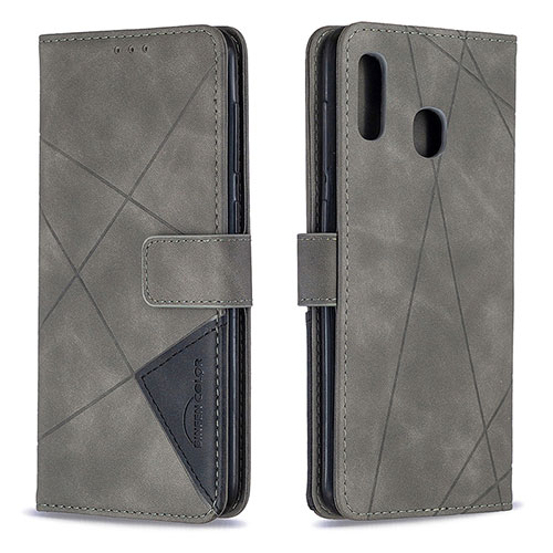 Leather Case Stands Flip Cover Holder B08F for Samsung Galaxy A20 Gray