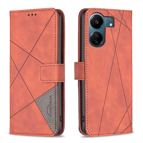 Leather Case Stands Flip Cover Holder B08F for Xiaomi Poco C65 Orange