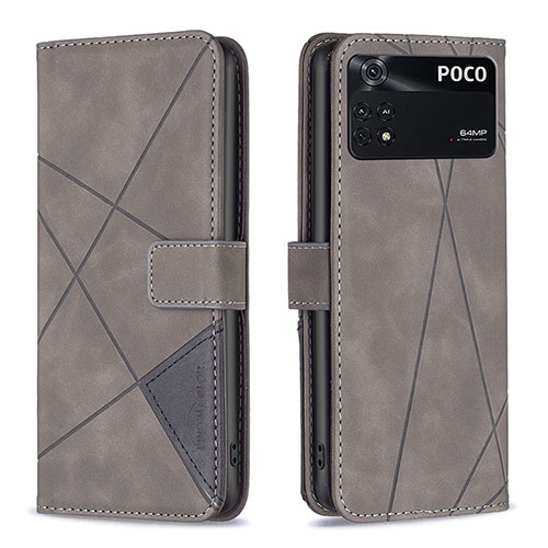 Leather Case Stands Flip Cover Holder B08F for Xiaomi Poco M4 Pro 4G Gray