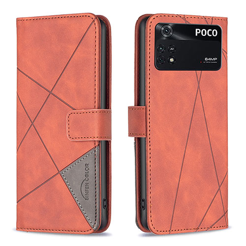 Leather Case Stands Flip Cover Holder B08F for Xiaomi Poco M4 Pro 4G Orange