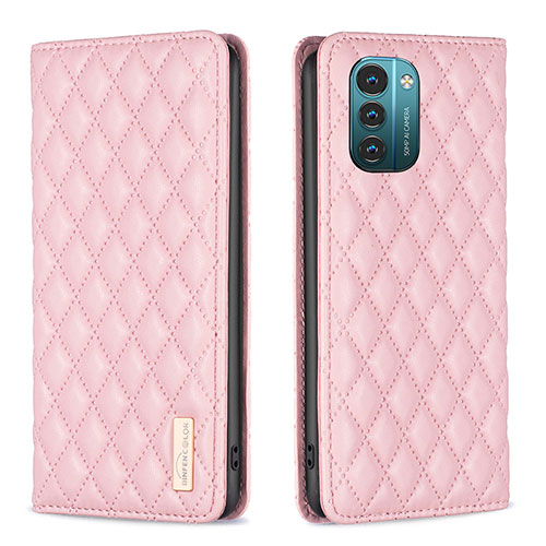 Leather Case Stands Flip Cover Holder B11F for Nokia G21 Rose Gold